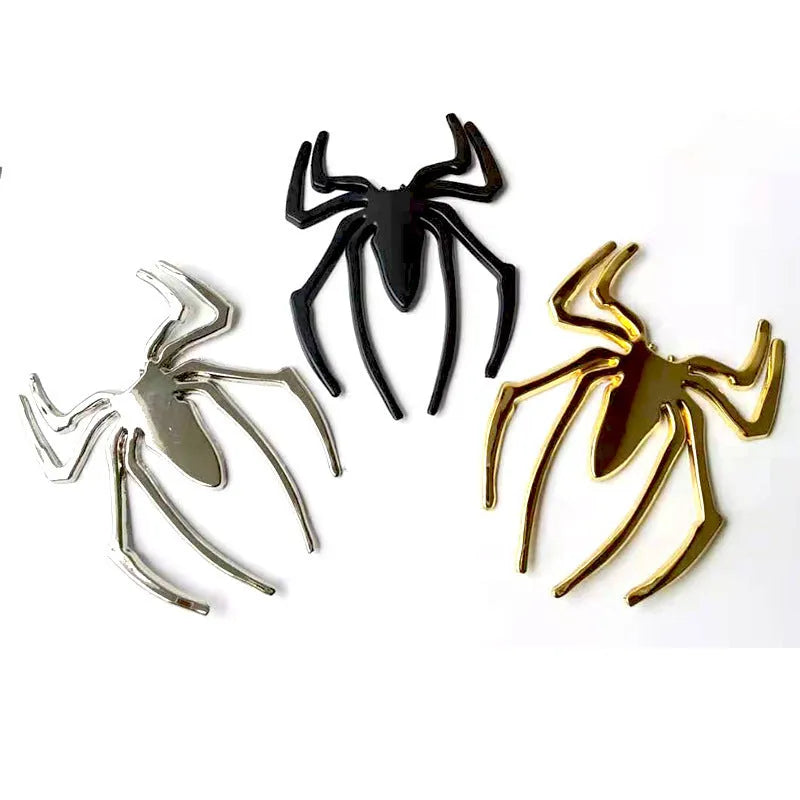 Three-dimensional metal spider bumper sticker in zinc alloy measuring 7cm by 5cm