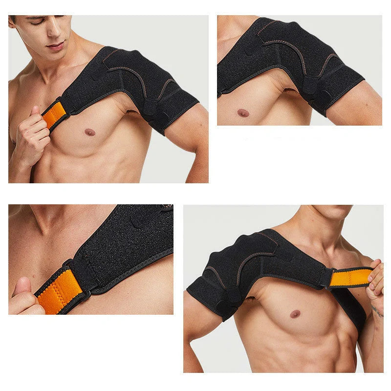 Adjustable sports shoulder protector support belt in black, designed for injury recovery and support