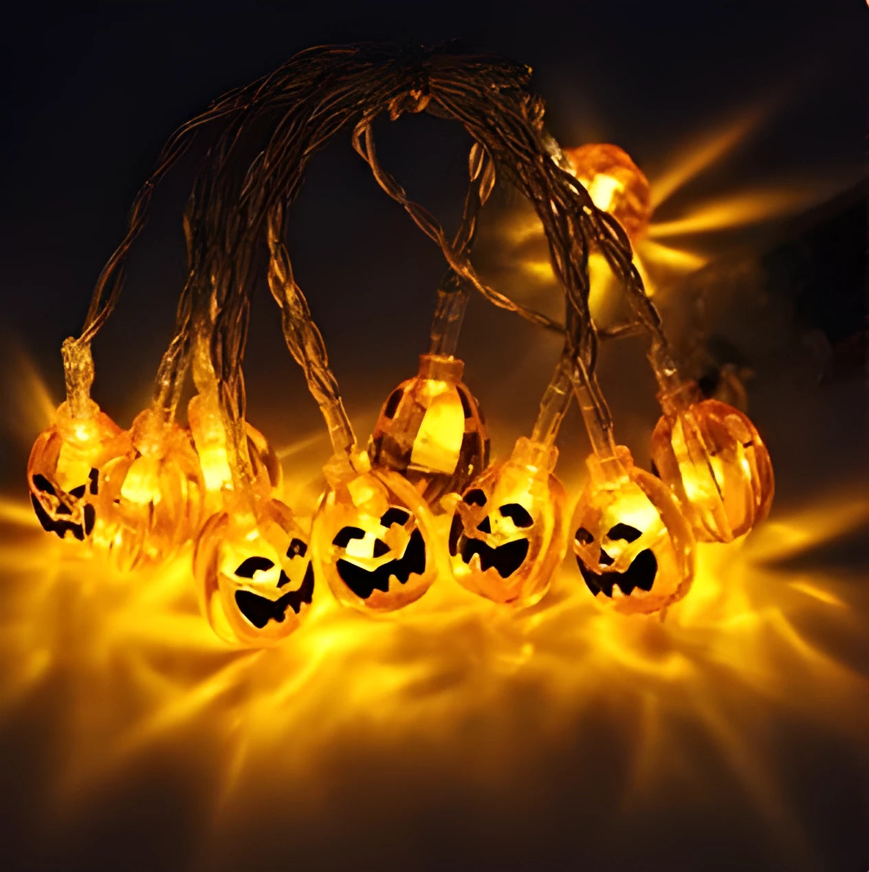 Halloween LED string lights with pumpkin, ghost and bat decorations on 1.2 metre battery-powered cord