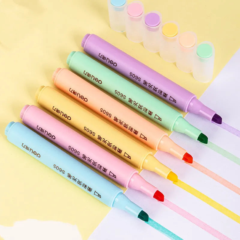 Deli S605 oblique nib highlighter pen set in macaron pastel colours with solid and transparent penholders