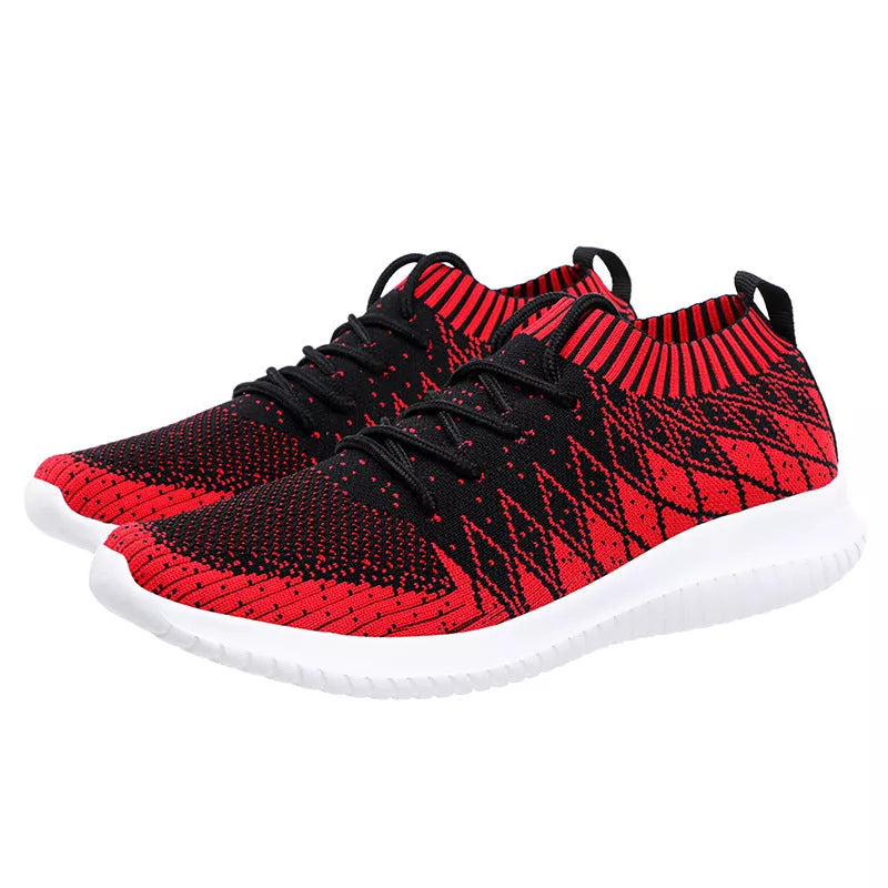 Men's Flying Woven Sneakers with breathable Flyknit upper in dark gray, red, and light gray