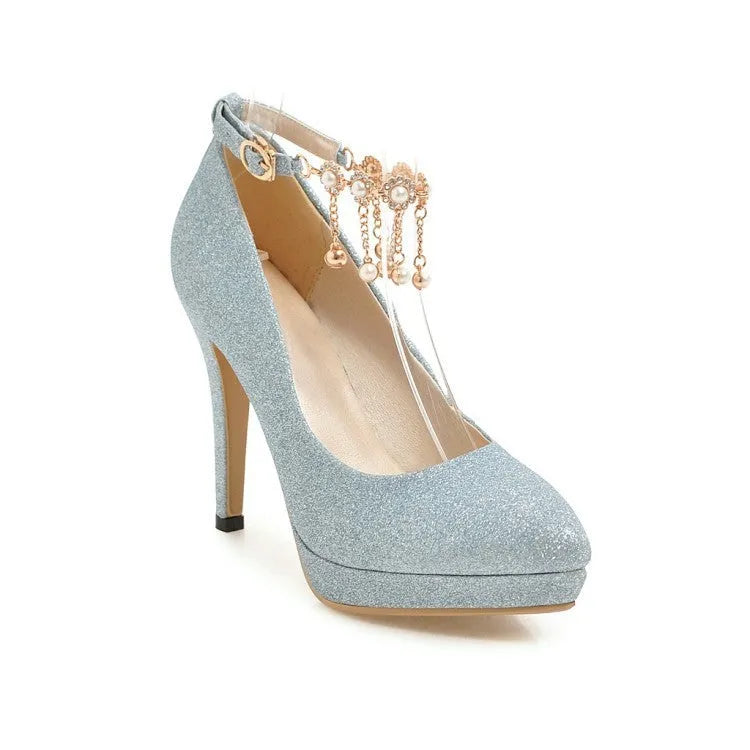 Women's blue platform stiletto heels with special fabric upper, shown in shallow mouth cut for ankle.