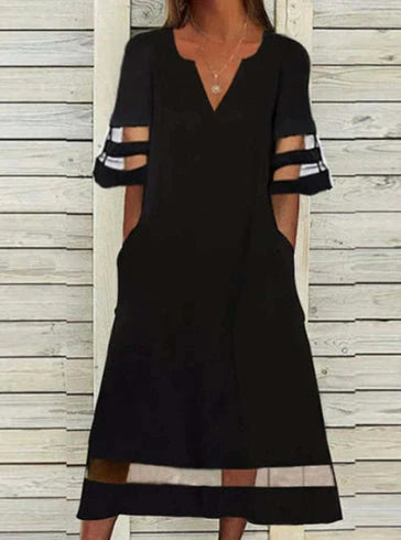 Women's summer V-neck chiffon dress with mesh stitching in white and black