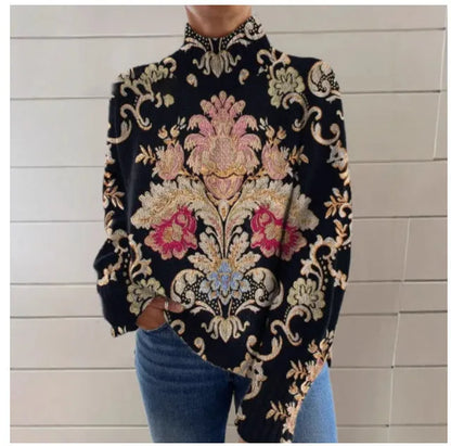3D pattern printed turtleneck long sleeve sweater in black line-E127 with loose fit and sunken stripe knit