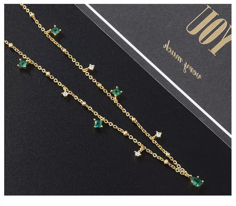 Korean style water drop emerald zircon necklace with sterling silver chain