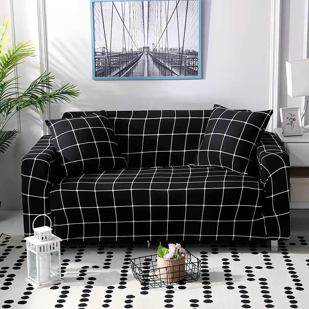 Printed geometric pattern sofa cover on double seat sofa measuring 145-185cm with spill protection