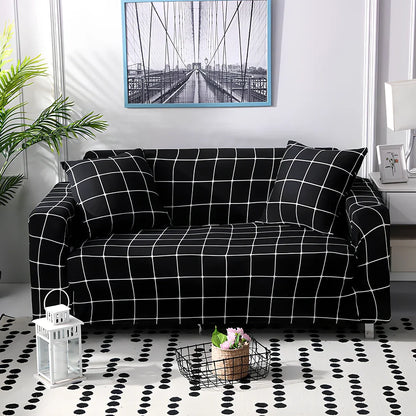 Printed geometric pattern sofa cover on double seat sofa measuring 145-185cm with spill protection