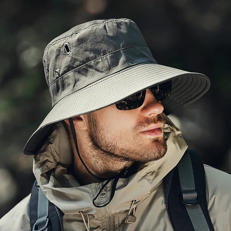 Men's wide brim polyester sunshade hat with dome crown, 58-60cm adult free size, in black, khaki, dark grey, army green or navy blue.