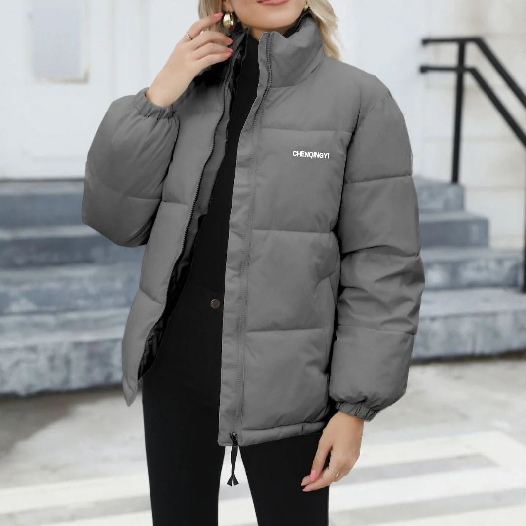 Women's windproof winter coat in white, black, grey, and green