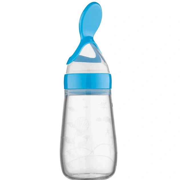 Blue baby silicone feeding spoon with 90ml capacity for rice paste and semi-liquid foods