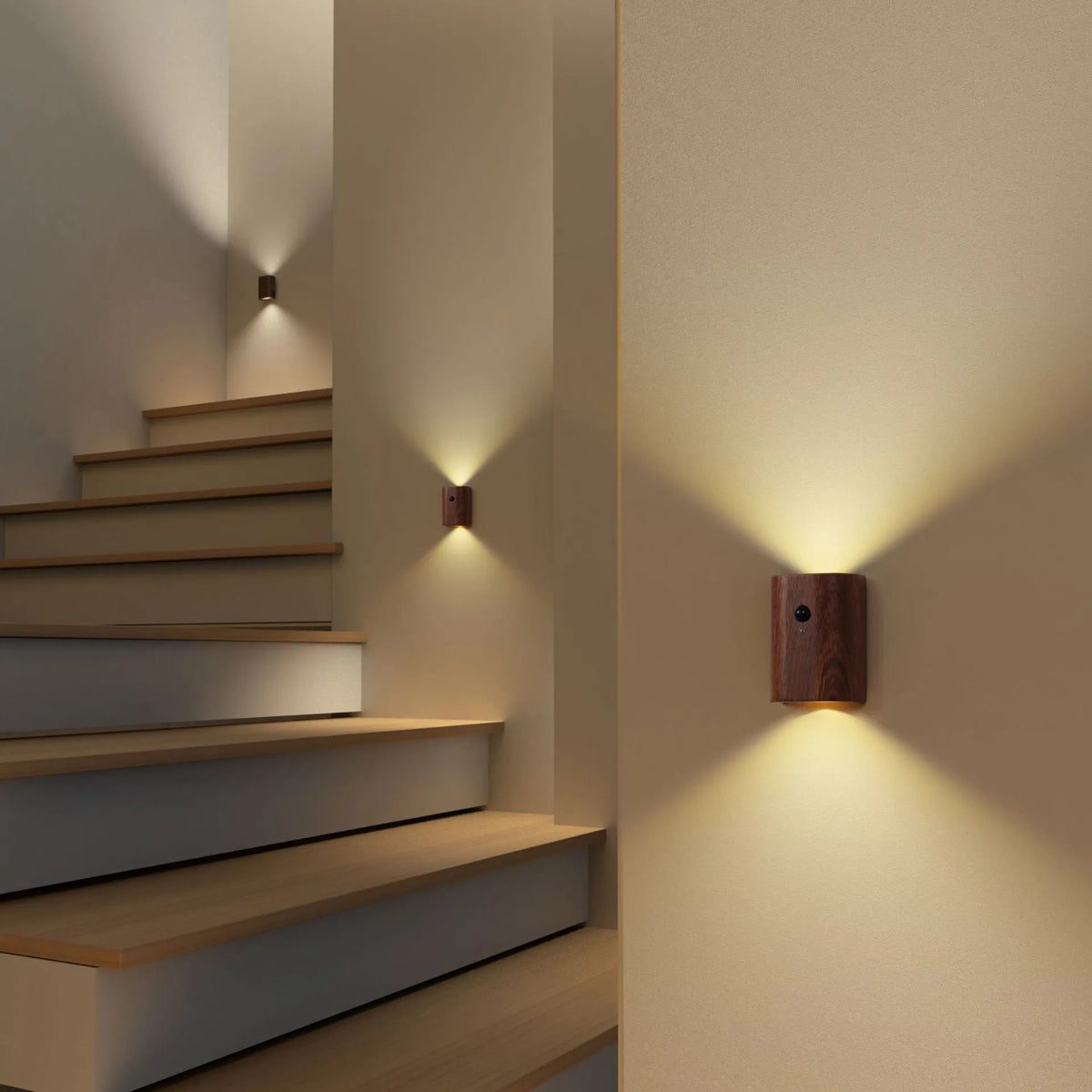 Solid wood pattern human body induction LED light, 73x56x28mm, in Sapele or Beech with warm white output