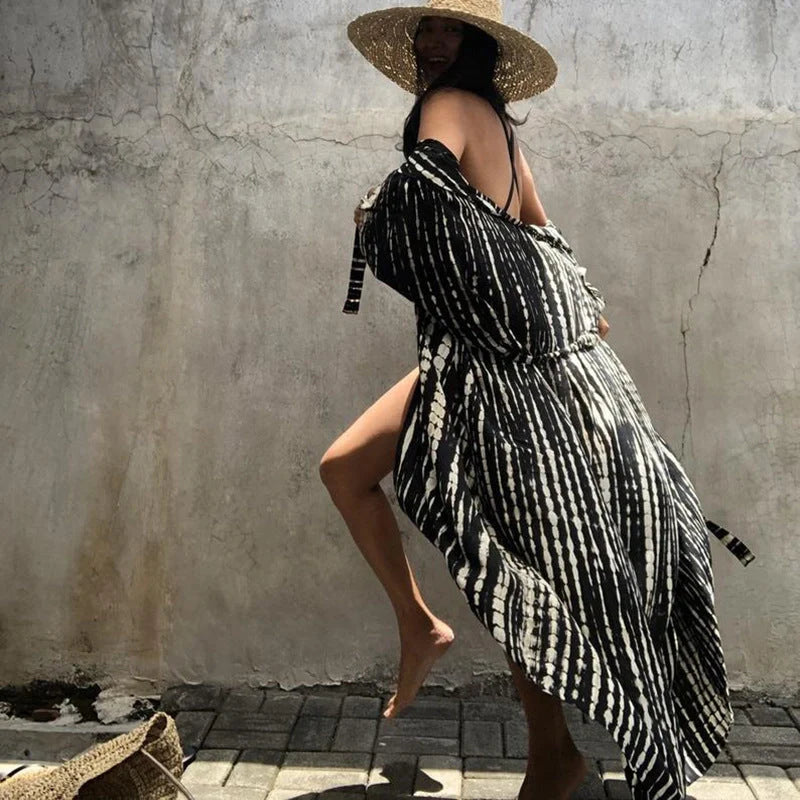Boho printed fringed kimono cover-up for women, perfect for beach and poolside lounging.