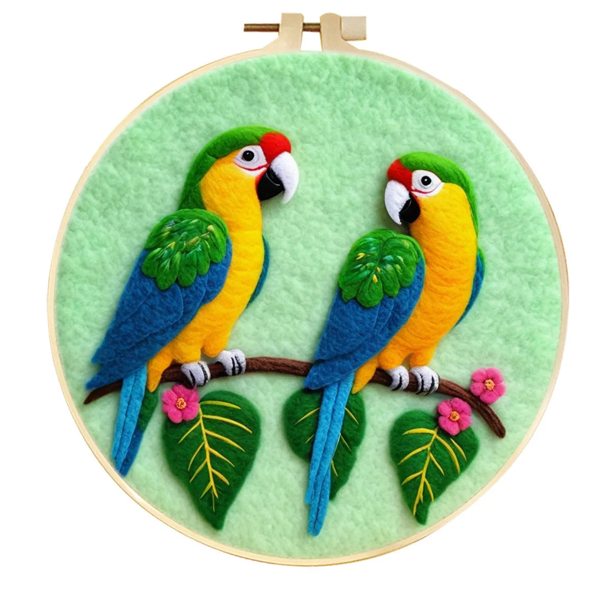 Round fabric embroidery kit with 20x20cm linen frame and wool felt for three-dimensional floral artwork