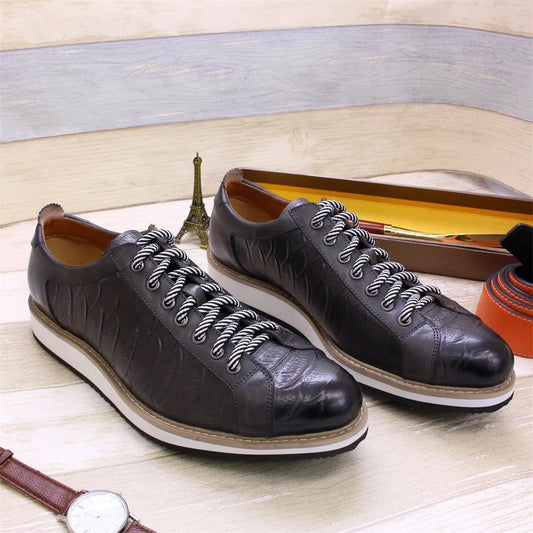 Men's low-tube front-tie shoes in black, showing adjustable laces and casual design