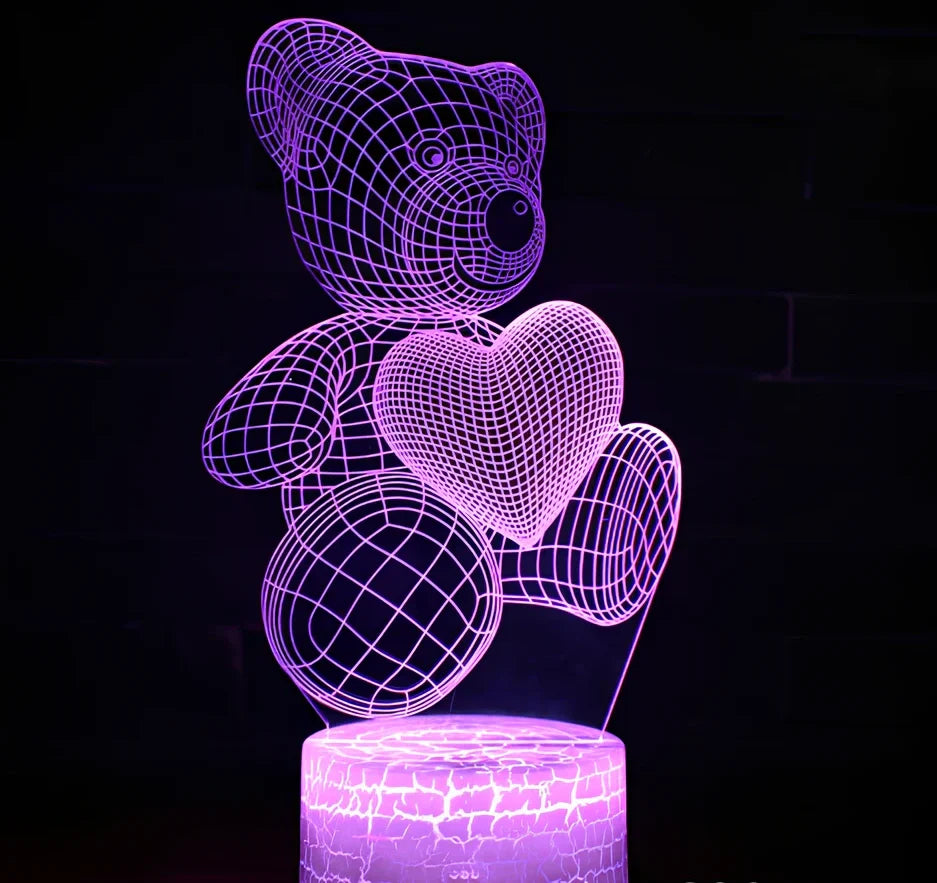 3D acrylic teddy bear LED night light with remote control showing 16 colour options and 85mm base