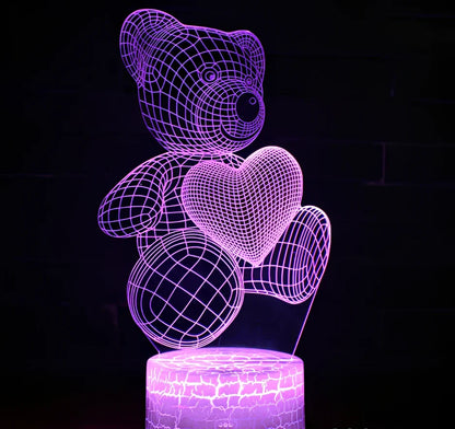 3D acrylic teddy bear LED night light with remote control showing 16 colour options and 85mm base