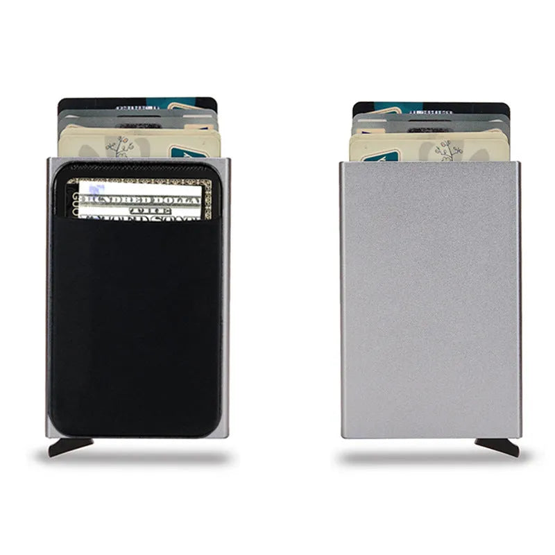 Aluminium alloy credit card holder with frosted finish measuring 9.5x6x1.0cm, showing RFID protection for 4-6 cards