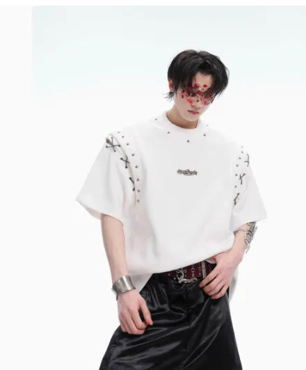 Black short sleeve women's T-shirt with lace-up cutout detailing on the sleeves.