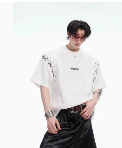 Black short sleeve women's T-shirt with lace-up cutout detailing on the sleeves.