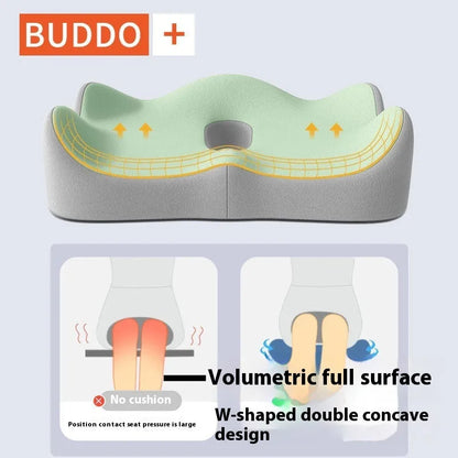 Memory foam seat cushion with contoured shape for lower back support, measuring 40cm x 40cm