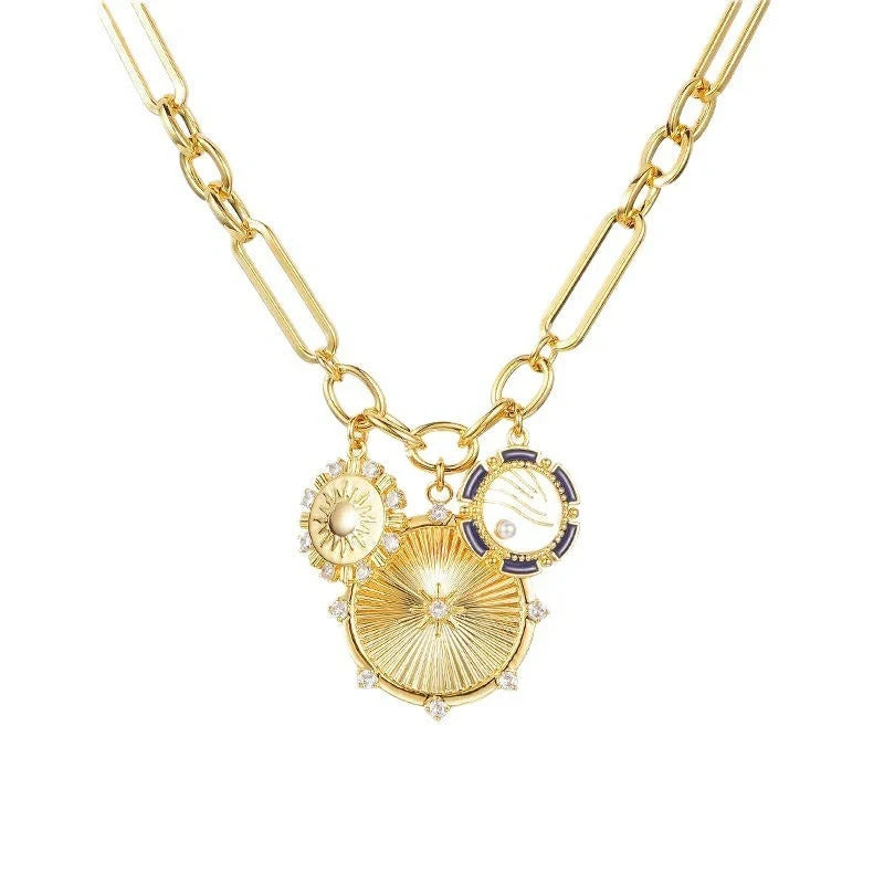 Copper-plated gold sun pendant necklace with stainless steel chain, geometric design