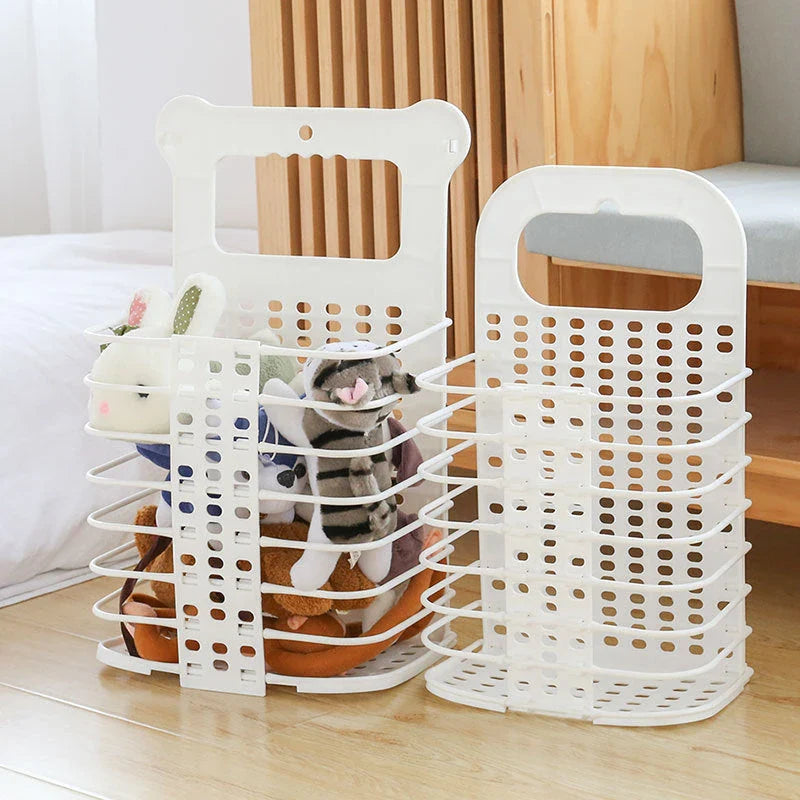 Foldable laundry basket made of sturdy polypropylene material, featuring hooks for wall-mounting and a collapsible design for compact storage.