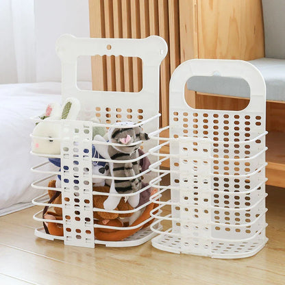 Foldable laundry basket made of sturdy polypropylene material, featuring hooks for wall-mounting and a collapsible design for compact storage.