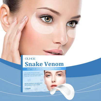 One pair of clear hydrogel microneedle eye patches for wrinkle care on a skincare background.