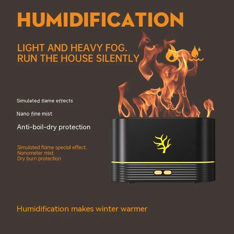 White square USB flame humidifier and aroma diffuser showing realistic LED fire effect.