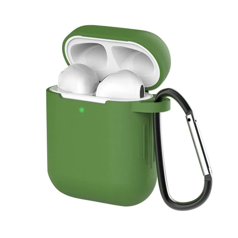 Liquid silicone protective clamshell case for Apple AirPods, shown in multiple colours on a white background.