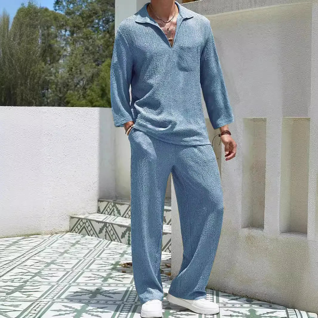 Men's casual shirt and trousers set in lake blue with shirt-style jacket and matching trousers for autumn leisure wear