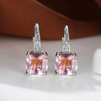 Square zircon inlaid ear hook earrings with geometric design and electroplated finish in golden tone