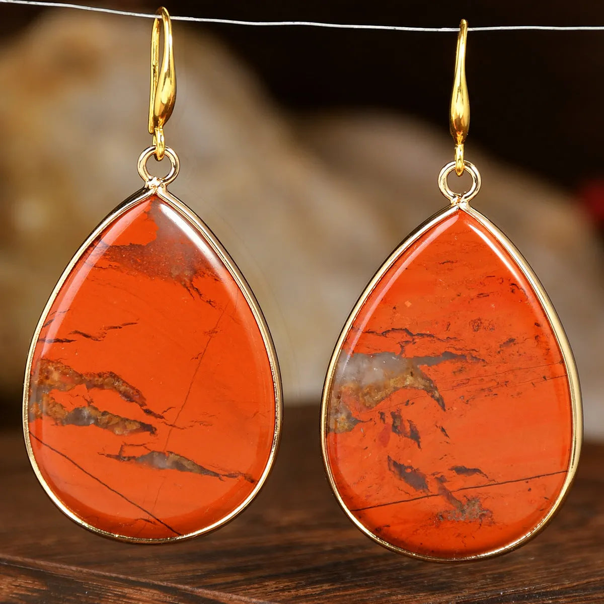Women's retro natural stone drop earrings showing amethyst and green aventurine colour options on electroplated settings.