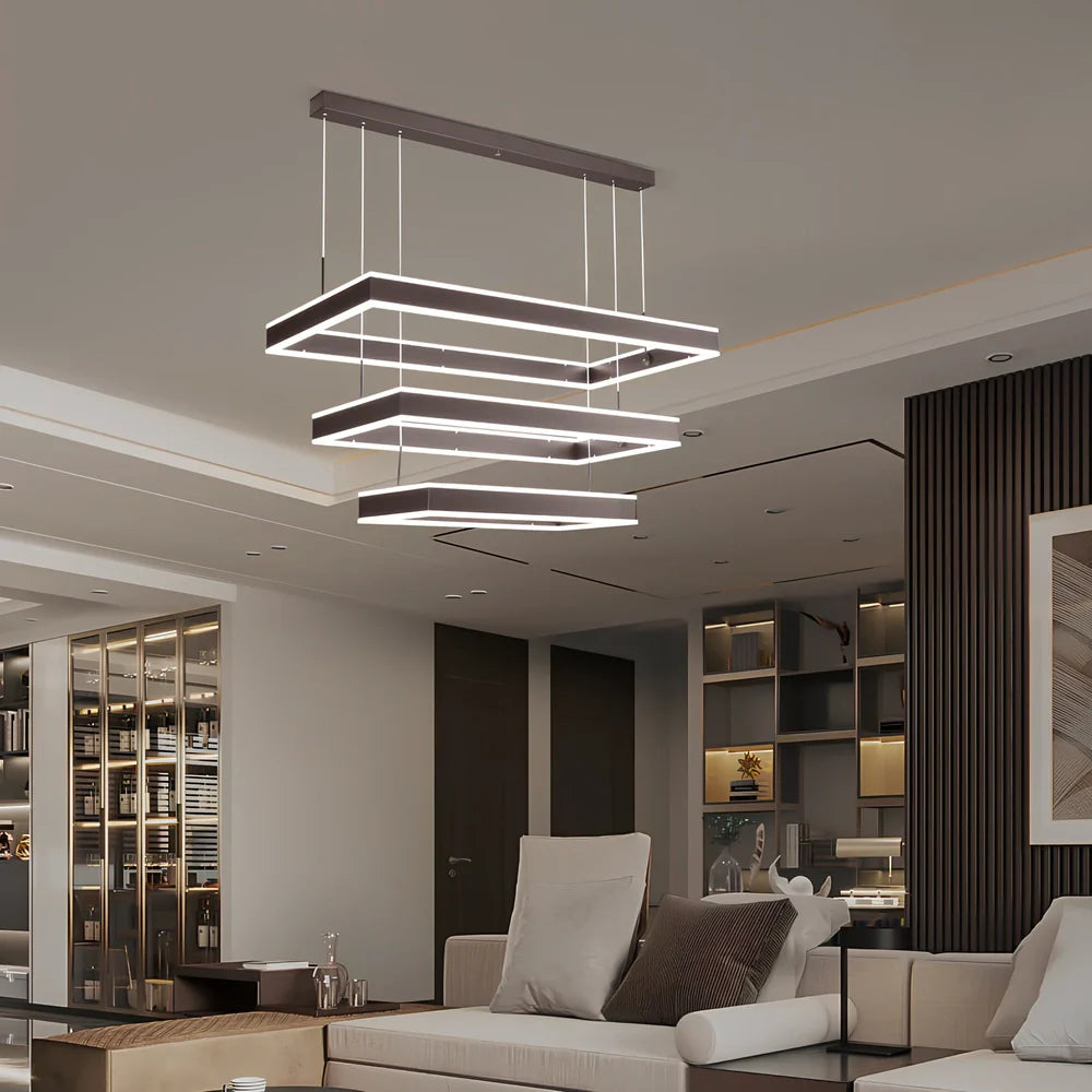 Brown aluminium fish pendant ceiling light with remote control and multiple circle sizes