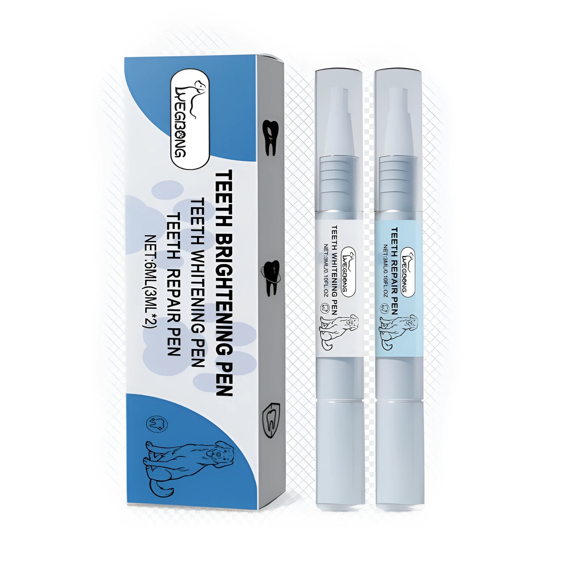 Pet teeth whitening and repair pen set with two formulas for dog and cat dental care