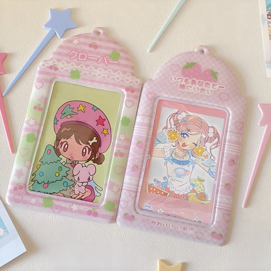 Cartoon plaid strawberry PVC card holder measuring 7.6 by 13.6 centimetres with lanyard attachment