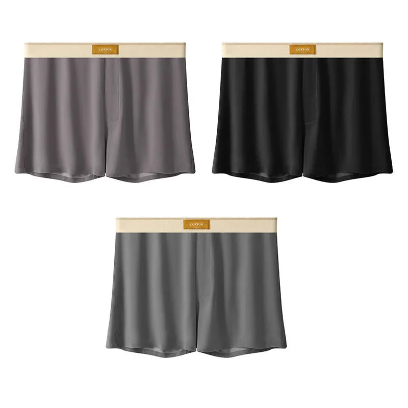 Men's loose-fit Ice Silk nylon underwear in a three-pack, showing colour options like black, green, and grey.