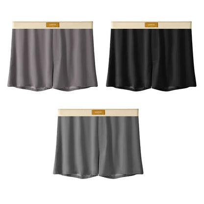 Men's loose-fit Ice Silk nylon underwear in a three-pack, showing colour options like black, green, and grey.