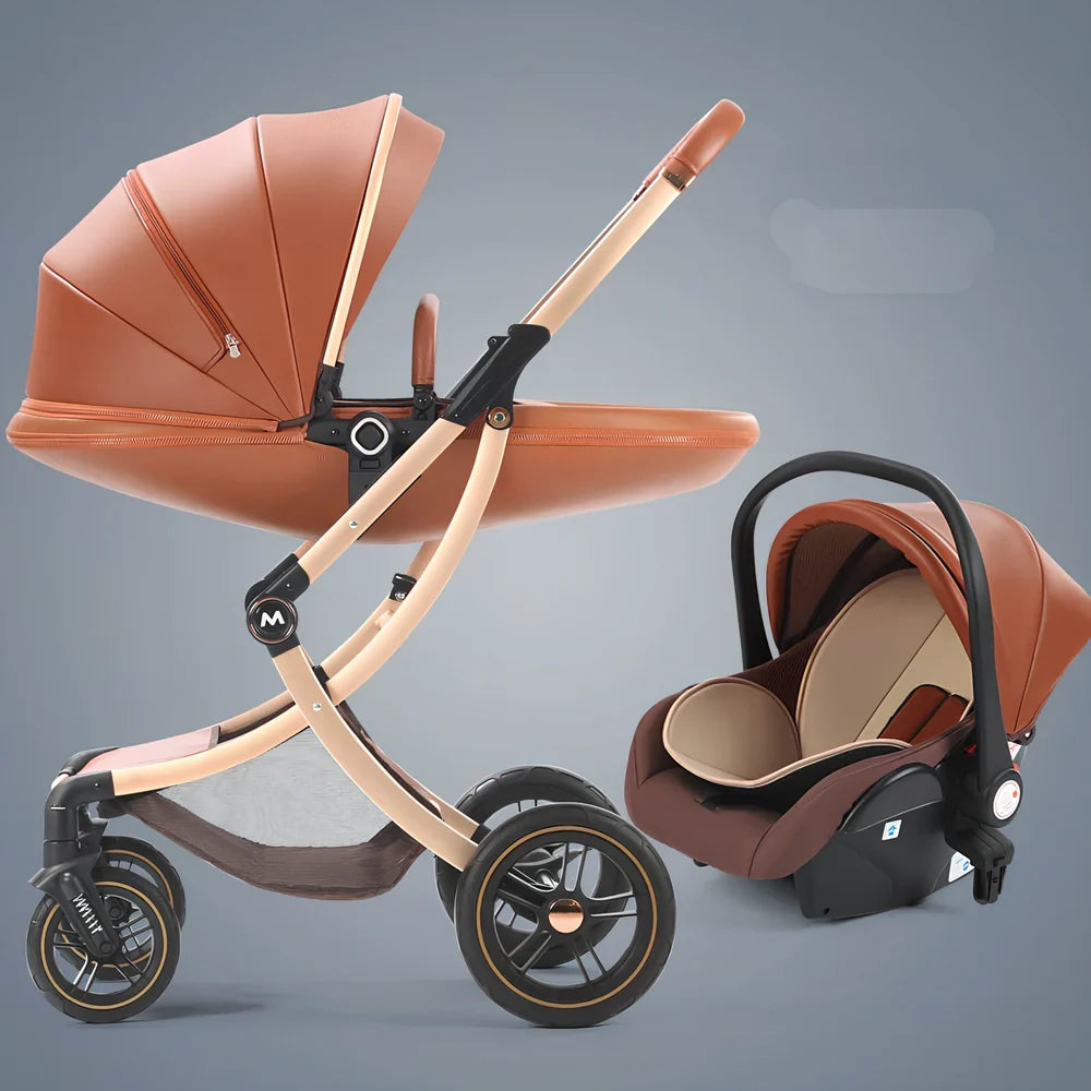 Luxury baby stroller with car seat showing aluminium frame and storage basket in Caesar Brown colour