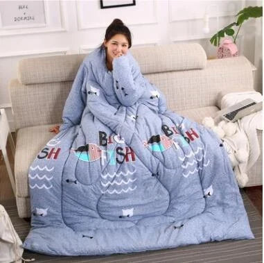Cozy fleece blanket with sleeves in various colors, perfect for relaxing and enjoying indoor activities