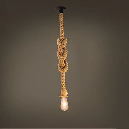 Industrial hemp rope chandelier with LED lighting and grass vine construction in retro design