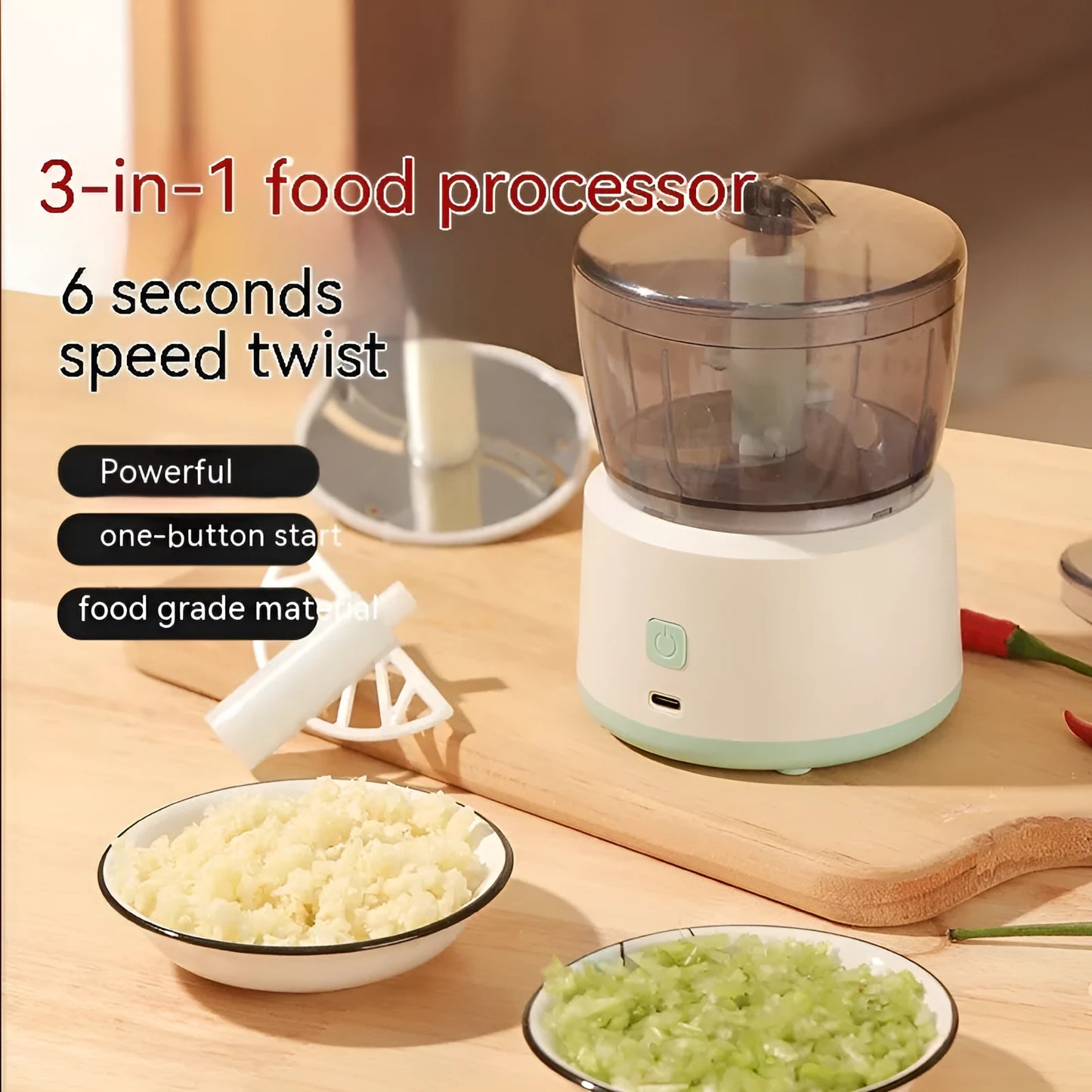 Mini electric meat grinder with transparent cup and stainless steel blades