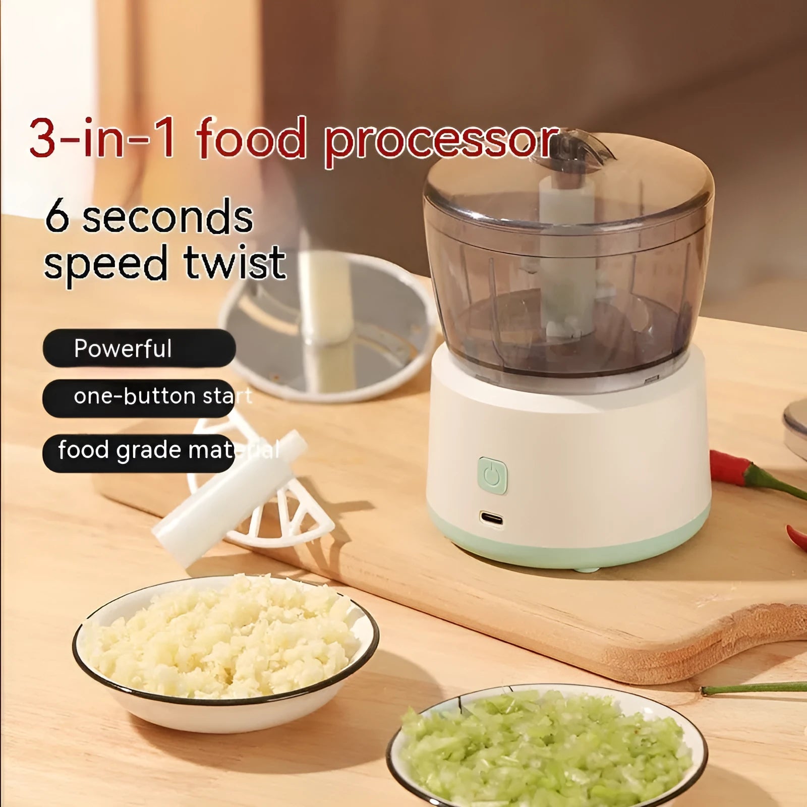 Mini electric meat grinder with transparent cup and stainless steel blades