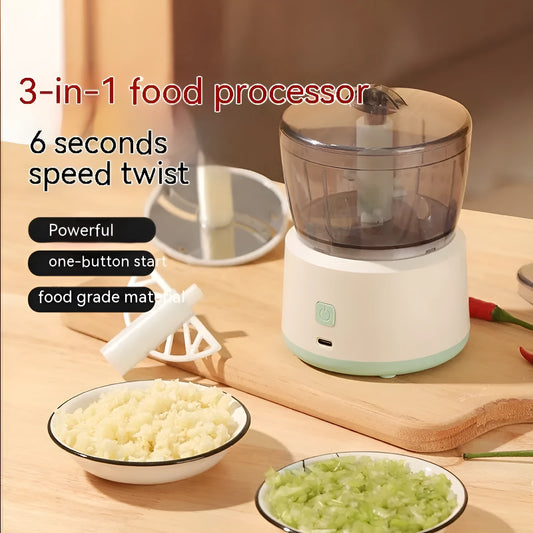 Mini electric meat grinder with transparent cup and stainless steel blades