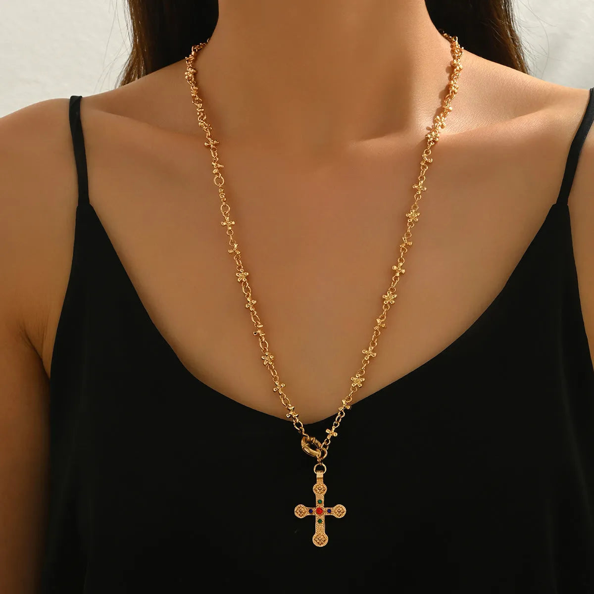 Rhinestone Y-shaped cross pendant necklace in gold or white K with electroplated alloy regular chain