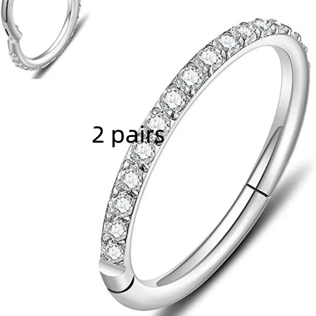 Stainless steel nose ring with diamond accent in seamless round design, showing size options and colour variations