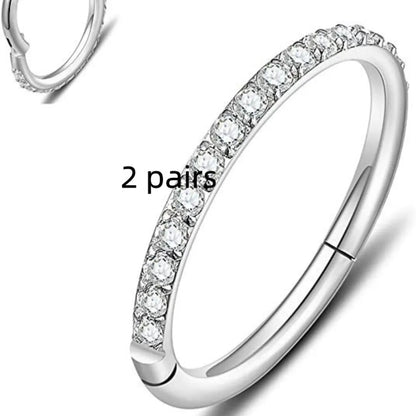 Stainless steel nose ring with diamond accent in seamless round design, showing size options and colour variations