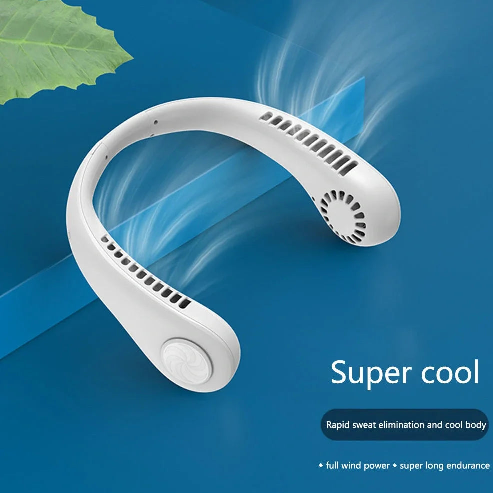 White hanging neck fan with flexible dual wind heads showing 78 air outlets and USB Type-C charging port