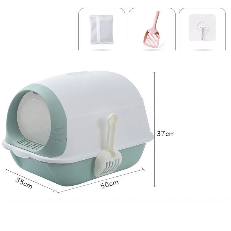 Semi-enclosed cat litter tray with flip cover, plastic and PP body, grey purple colour, scoop and deodorant bag included.