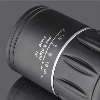 Black 16x52 high-power monocular with 52mm objective lens and textured grip